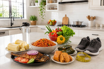 Nigerian weight loss meal plan with grilled fish, vegetables, boiled yam, water bottle and walking shoes.