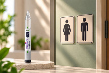 Image showing Mounjaro injection beside a restroom
