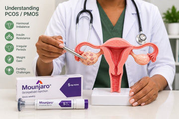 Doctor pointing at a woman's ovaries on a reproductive anatomy model, illustrating PCOS and PMOS.