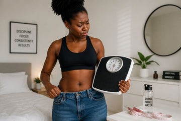 Nigerian woman checking a bathroom scale while wearing looser jeans during her weight loss journey.