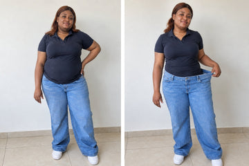 Tessy’s Mounjaro weight loss before and after while managing insulin-resistant PCOS, showing a slimmer waist and looser jeans after weight loss.