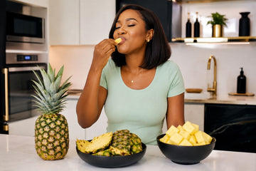 Nigerian woman enjoying fresh pineapple in a modern luxury kitchen, showing how pineapple can be part of a healthy weight loss diet.