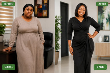 Image of a 94kg woman compared to her 77kg Tizaro weight loss result