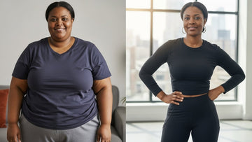 image showing a before and after of a woman in her 40s who lost weight