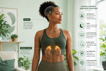Healthy woman with an illustration highlighting the adrenal glands and cortisol production