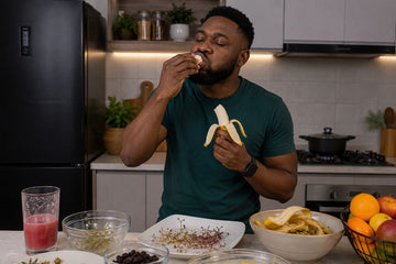 Nigerian man standing at a kitchen counter binge eating bananas with empty bowls of grapes, raisins, and fruit juice nearby, illustrating that even healthy foods can become the worst fruits for weight loss when overeaten.