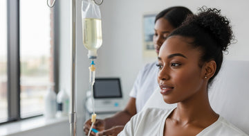 Woman getting a myers cocktail iv drip at HueBeautyGlam