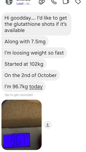Text message conversation about glutathione shots and weight loss, with a digital scale image.