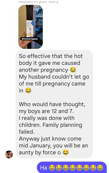 Text conversation with a humorous message about a HueBeautyGlam client getting pregnant again after weight loss on Mounjaro