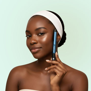 woman holding glutathione injection pen with a glowing skin